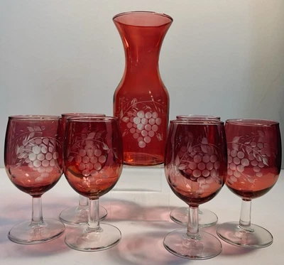 Vintage Bohemian Czech Ruby Red Etched Glass Decanter &6 Goblets Grapevine Motif - Image 1 of 4