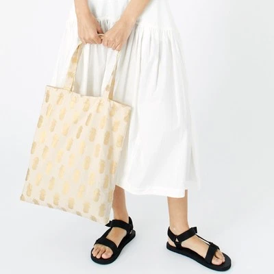 Nuevo Bolso de Mano Shopper Con Etiquetas Accesorio Marfil Dorado Algodón Estampado Piña Foto 1 de 4