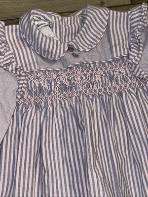 Vestido listrado Polly Flinders azul rosa manchado à mão vintage feminino tamanho 3 - Imagem 1 de 4