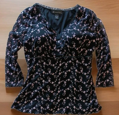 Vtg Y2K Babydoll Top Sz L Dark Floral Fairy Whimsigoth Embroidered Sheer Sleeve - Image 1 of 4