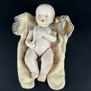 Vintage Porcelain Bisque Baby Doll with Bottle Jointed Limbs & Outfit 4in - Picture 1 of 10