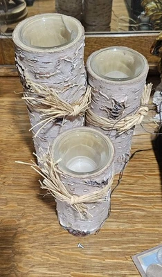 Trio Real Wood Votive Tealight Candle Holders Birch Graduated Trio Bark Rustic - Image 1 of 2