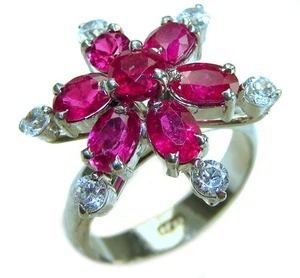 Lussuoso fiore rosso 10,2 carati vero rubino .925 argento sterling artigianale - Foto 1 di 4