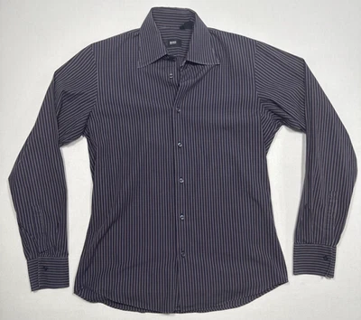 Hugo Boss Men 38 15 Purple Striped Dress Shirt Luxury ROMANIA MADE w/ Measure - Image 1 of 4