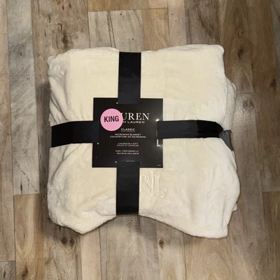 Ralph Lauren King Classic Beige Cream Ivory Off White Micromink Fleece Blanket - Image 1 of 4