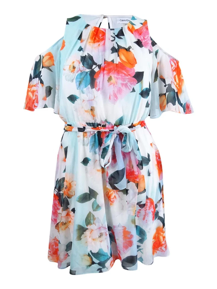 Calvin Klein White Floral Cold Shoulder Belted A-line Dress 14