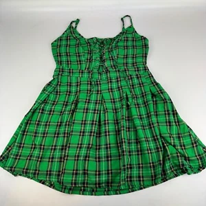 Hop Topic Womens Size 1X Plaid Pleated Lace Up Dress Green Spaghetti Strap - Picture 1 of 10