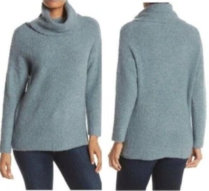 CATHERINE MALANDRINO Wool Blend Cozy Eyelash Knit Turtleneck Sweater Teal Small - Picture 1 of 5
