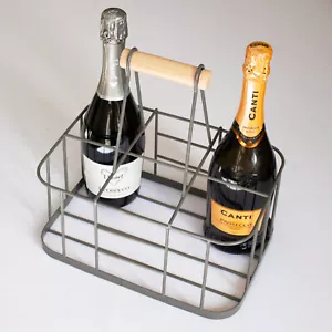 Industrial Wire Six Bottle Carrier Grey Metal Home Milk Water Wine Caddy Holder - Picture 1 of 4