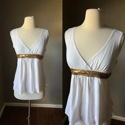 Винтажный 90-х годов Y2K верхний белый блестки без рукавов надежном бак Babydoll Whimsigoth фея - Изображение 1 из 4