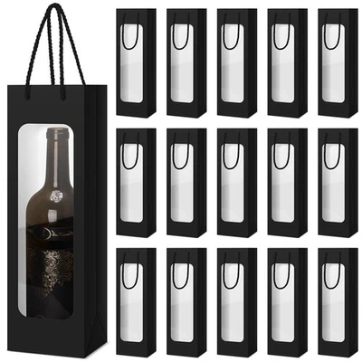 24 Pcs Single Wine Bottle Gift Bags Black Clear Window Reusable Flower Boxes - Image 1 of 4