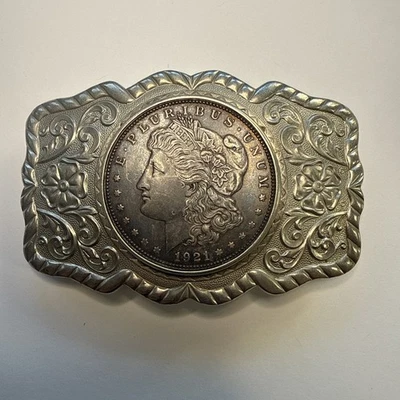 Antigua hebilla de moneda de dólar Morgan de plata de 1921 3,25 pulgadas x 2,25 pulgadas Foto 1 de 3