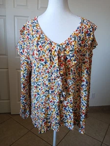 Democracy Damen Bluse 1X Mehrfarbig Langarm Rüschen V-Ausschnitt Bauern Boho - Bild 1 von 16