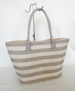 Large Beige Stripe Jute Beach Market Shopping Tote Shoulder Bag - Picture 1 of 3