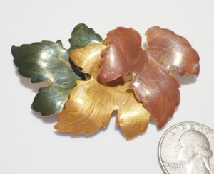 Vintage Tri-Color Maple Leaves, Green/Gold/Brown Enamel Gold Plate Glossy Pin 3" - Picture 1 of 2