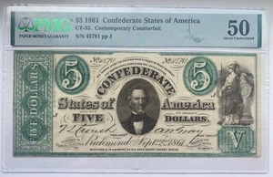 1861 $5 Confederate States of America CSA CT-33 Contemporary Counterfeit PMG 50 - Picture 1 of 2