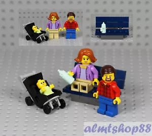 LEGO - Dad, Mom & Baby w/ Stroller Minifigure Combo - Bottle Family Park Bench - Picture 1 of 1