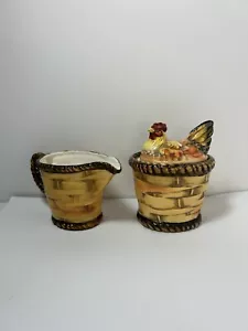 Vintage Lefton’s Surger Creamer Set 1022 Japan Hen On Basket 3 Piece Set - Picture 1 of 9