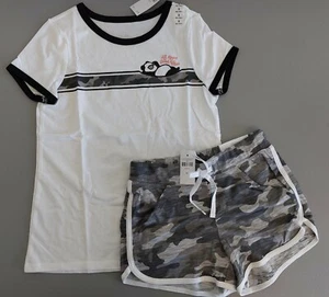 NWT Justice Girls Panda Outfit Top/ Camo Shorts  Size 8 - Picture 1 of 1