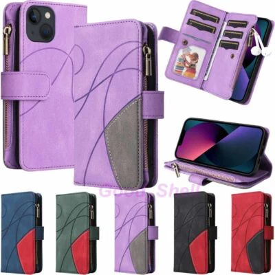 For iPhone 13 12 11 XS XR SE 8 7 6s Zipper Wallet Card Holder Leather Case Cover - Image 1 of 4