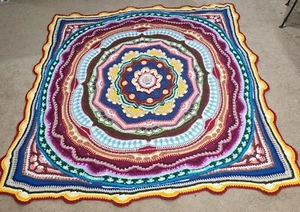 vtg Crochet Afghan Blanket Quilt Medallion scrap yarn 72 W x 76 L BOHO ART - Picture 1 of 7