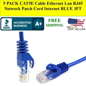 5 PACK CAT5E Cable Ethernet Lan RJ45 Network Patch Cord Internet BLUE 3FT - Picture 1 of 3