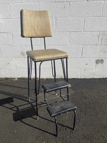 Vintage Mid Century Step Stool Cool Tiki Theme Flip Out Stool 30” Seat Height Cover