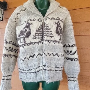 Vintage Birds Tree Cardigan Zip Hand Knit Cowichan Heavy Sweater 60's Brown tan - Picture 1 of 24