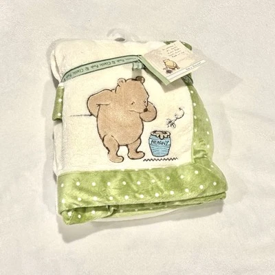 Classic Winnie the Pooh Cream Green Polka Dot Trim Disney Plush Baby Blanket HTF - Image 1 of 3