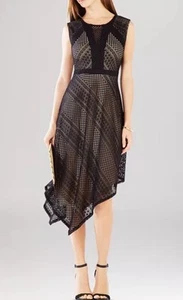 BCBG MaxAzria Tracie Asymmetric Black Lace Overlay Tan Dress Sz M Whimsygoth - Picture 1 of 12