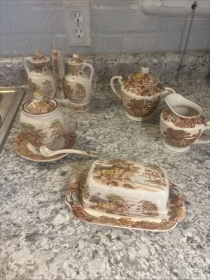 Juego de cocina vintage Nasco Mountain Woodland aceite/vin mantequilla jalea tarro crema azúcar Foto 1 de 4