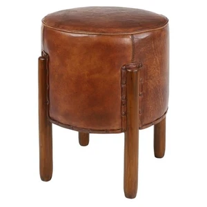 Traditional Leather Stool Brown - Olivia & May: Round Wood Frame, No - Picture 1 of 18