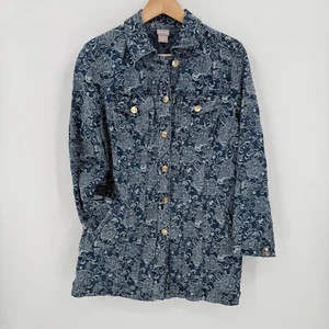 Chico's Womens Blue Floral Denim Damask Button Up Jacket Size 1/Medium Stretch - Picture 1 of 11