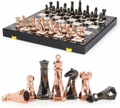 Elegant Metal Chess Set - 15" Marbled Wooden Board - Modern Metal Chess Pieces - Image 1 of 4