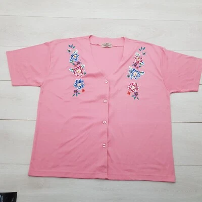 ABEL MAMA Buttoned Long Top Size 18-20 Pink Stretch Beaded Short Sleeve Retro - Image 1 of 4