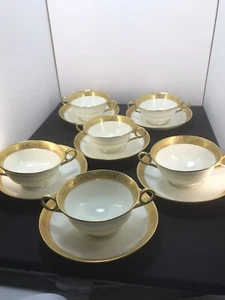 Hut 6 Flat Bouillon Cup/ Saucers By Hutschenreuther Double Handled Cups GoldTrim - Picture 1 of 7
