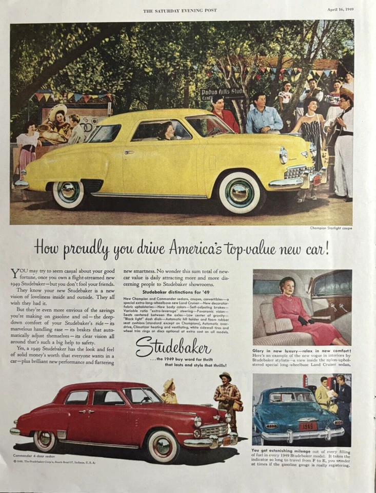 1949 Studebaker Champion Straight Coupe Commander Sedan Car Vintage Print Ad - Image 1 of 1