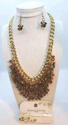 Joyería 3 piezas Conjunto de gemas colgantes de ojo de tigre y ámbar sintético facetado dorado  Foto 1 de 4