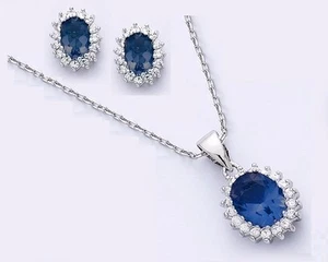 Dolly-Bijoux Parure Marquise Saphir et Entourage Diamant Cz Argent Massif 925 - Picture 1 of 1