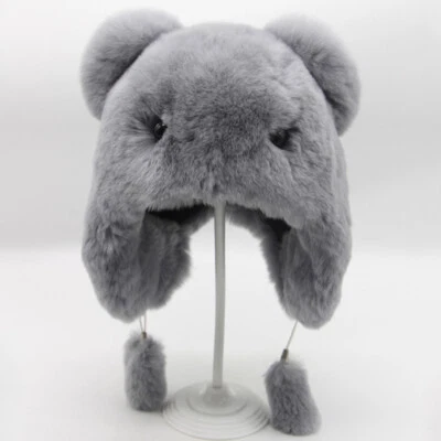 孩子 儿童 真正 雷克斯 兔毛 帽子 暖帽 可爱 熊 风格 户外 豆豆 — 第 1/4 张图片