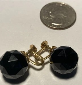 Signed:1/20 12K GP Screw Large Back Black Faceted bead Old Vtg Earrings Jewelry - Picture 1 of 11