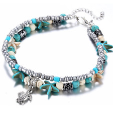 Silver Turquoise Bead Ankle Bracelet Starfish Anklet Turtle Dangle Charms Beach