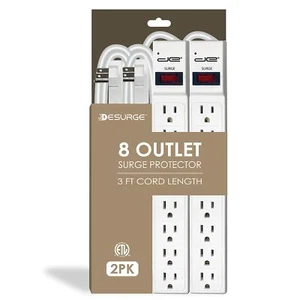 Protector contra sobretensiones de 8 salidas, enchufe plano, blanco, 3 pies, paquete de 2 - Imagen 1 de 3