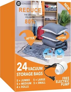 24 Pack Vacuum Storage Bags with Electric Pump, Space Saver for Clothes, Pillows - Picture 1 of 89