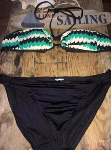 Green White Chevron Bandeau Halter Stripe Rope B Top Sexy Swimsuit Bikini M - Picture 1 of 5