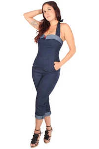 retro Denim Capri Latzhose rockabilly Caprihose Overall Jeans Jumpsuit - Bild 1 von 8