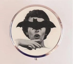Bat Face Lady Pill Box Case Pillbox Holder Trinket Retro Kitsch Quirky Gift - Picture 1 of 3