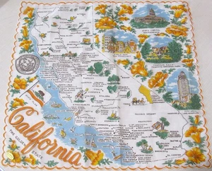 Vintage 50er Kalifornien Golden State Karte Städte Sehenswürdigkeiten Souvenir Taschentuch Taschentuch - Bild 1 von 3