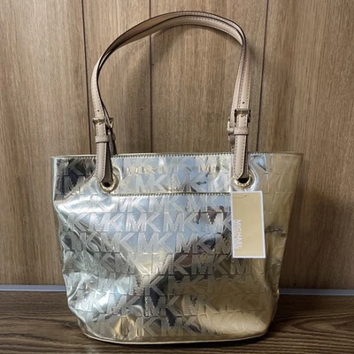 Michael Kors Jet Set Mirror Metallic Purse Shoulder Bag Medium Tote Gold Tone - Image 1 of 4