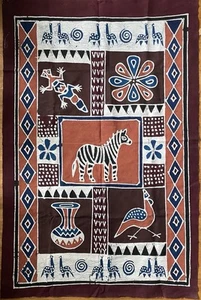 African Batik Mud Cloth Wall-Hanging W/Animals/Geometric Patterns 37” x 59 1/2” - Picture 1 of 7